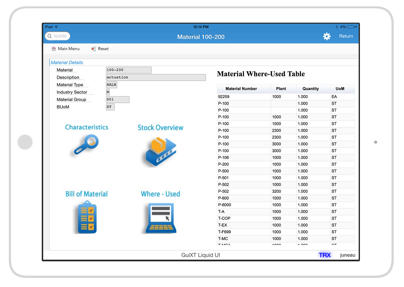 Liquid UI for iOS/Android - SAP MM - Material Where Used Table