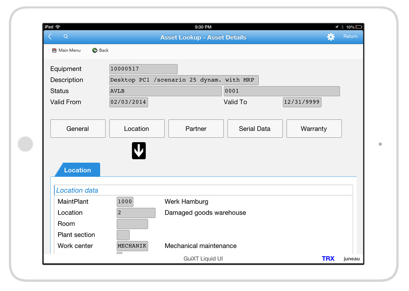 Liquid UI for iOS/Android - SAP WM - Asset Lookup Details