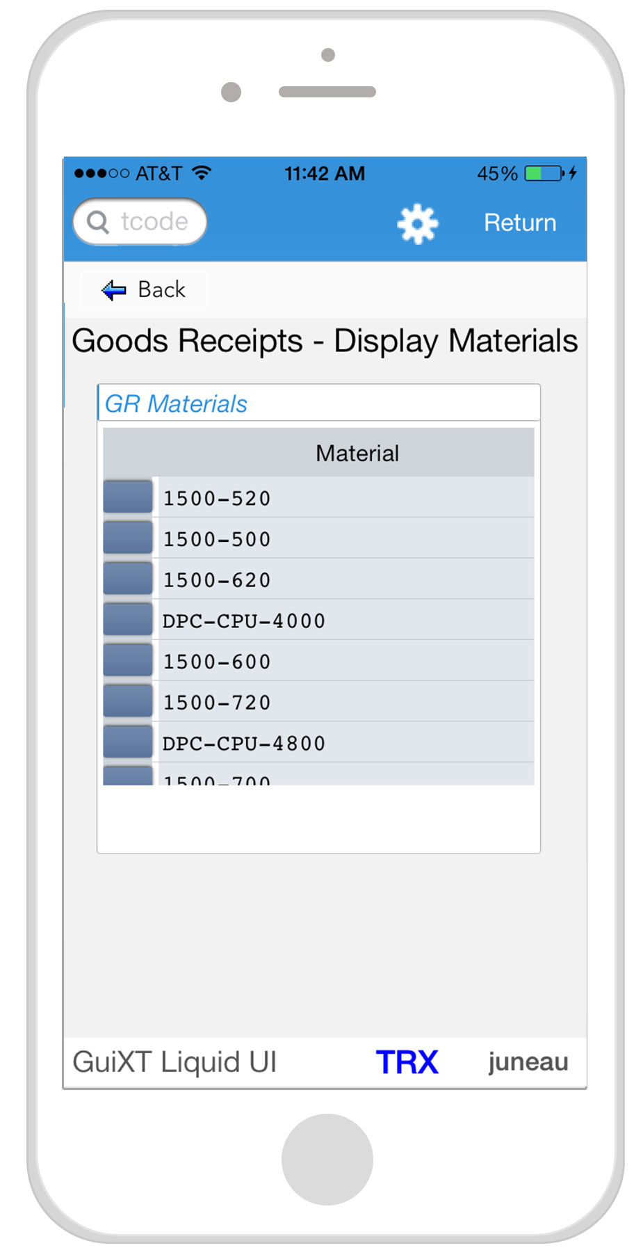 Liquid UI for iOS/Android - SAP WM - Goods Receipt Display Materials